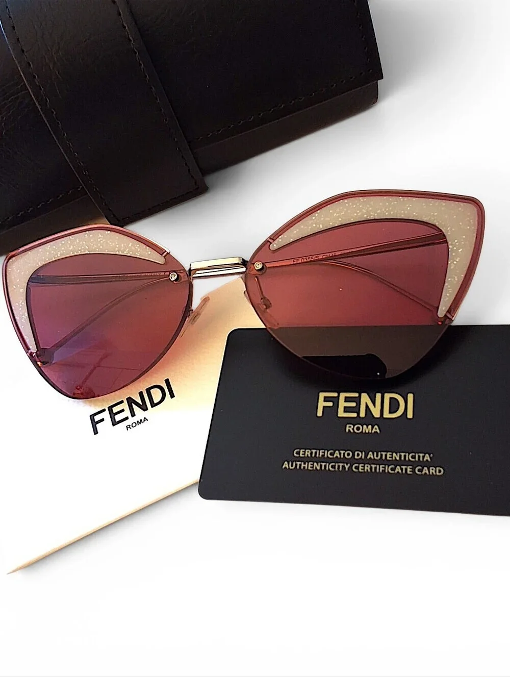 Fendi Pink Cat Eye Rimless Sunglasses Glitter Detail Gold Tone Italy